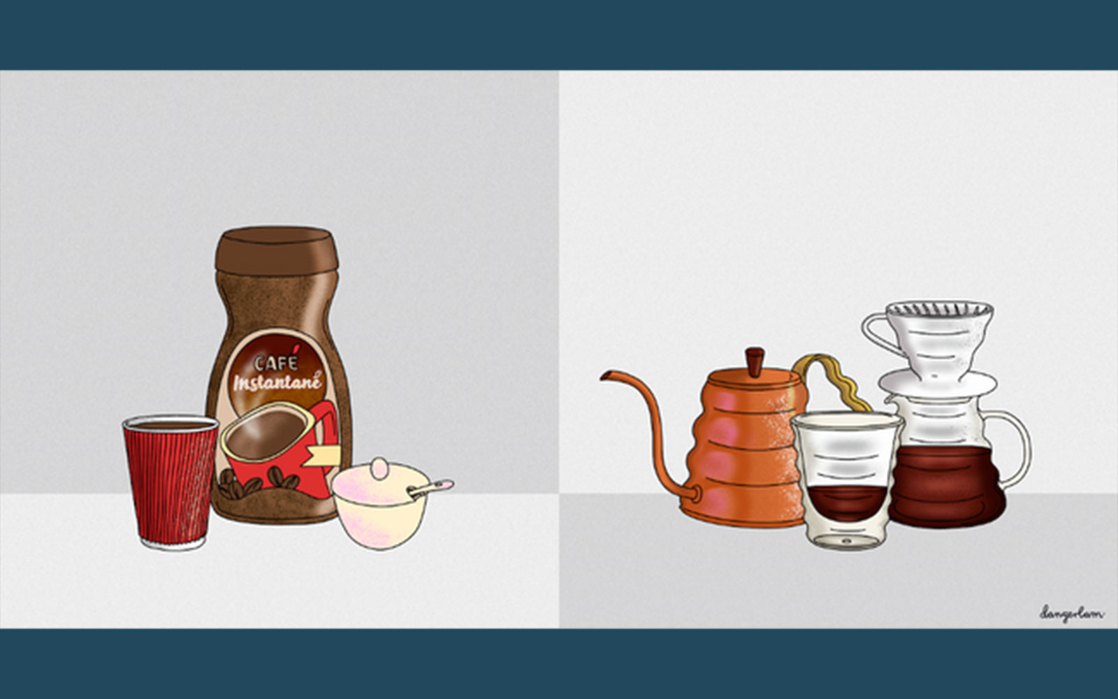 Danger Lam illustration of instant and slow drip coffee